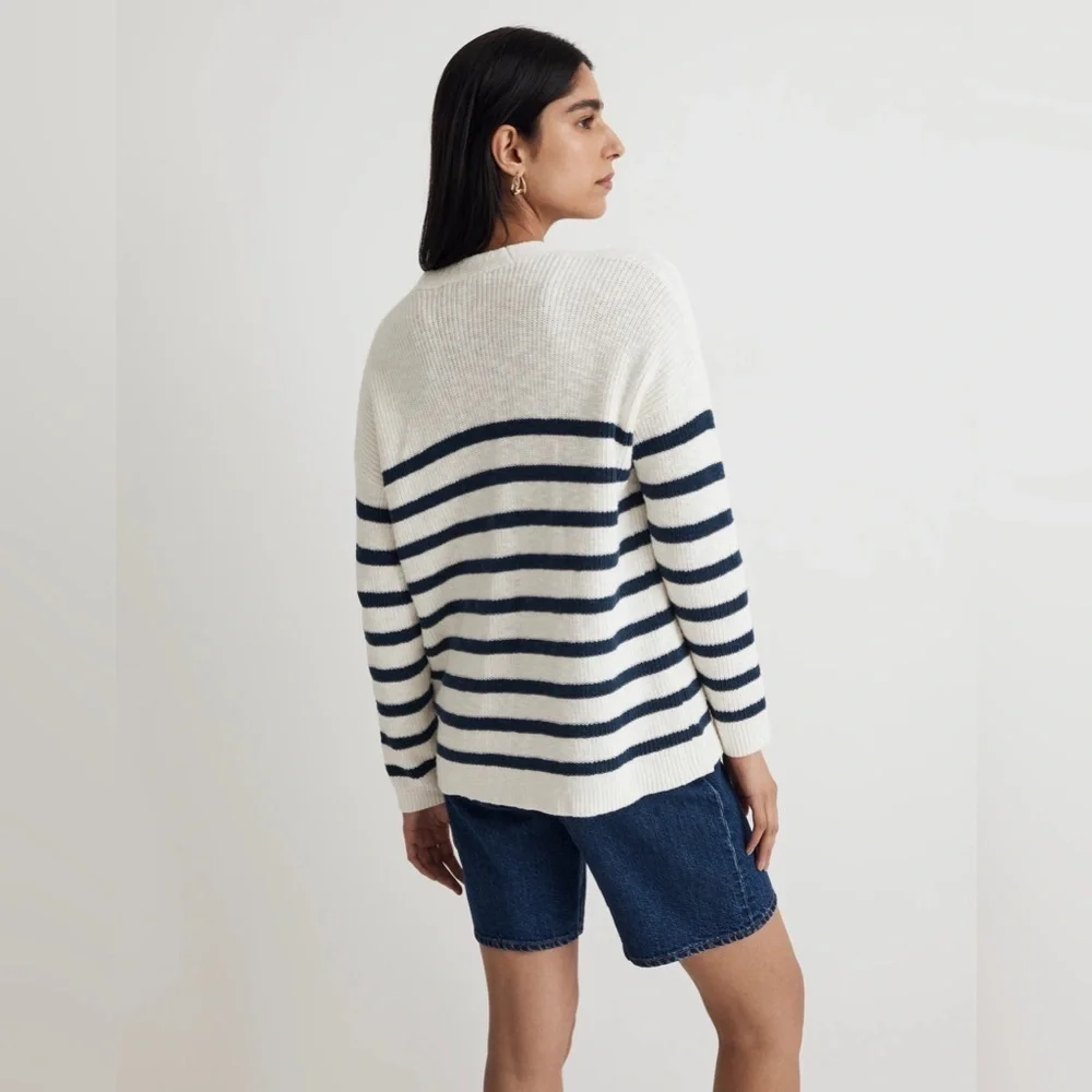 Madewell Striped V-Neck Button Front Cotton Cardigan | Small | Navy & Cream